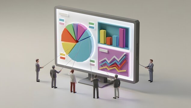 A 3D low-poly miniature diorama of a giant glowing digital dashboard with pie charts and bar graphs. Tiny figures analyzing the data with pointers.
