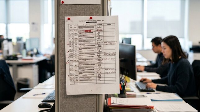 Protocol amendment tracked on a version control log posted near the coordination team's desks.