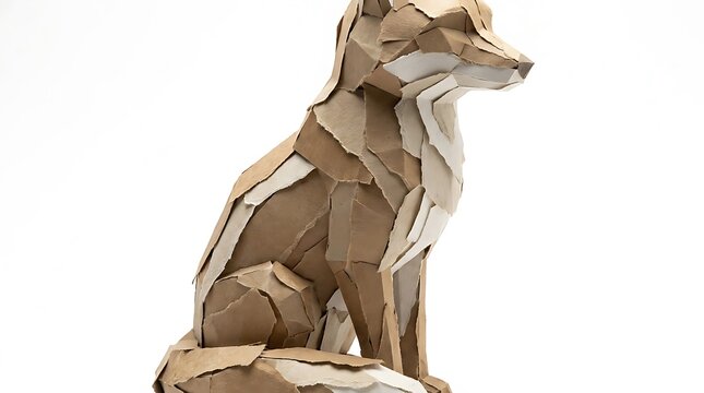 Sitting fox sculpture crafted from layered torn brown craft paper pieces