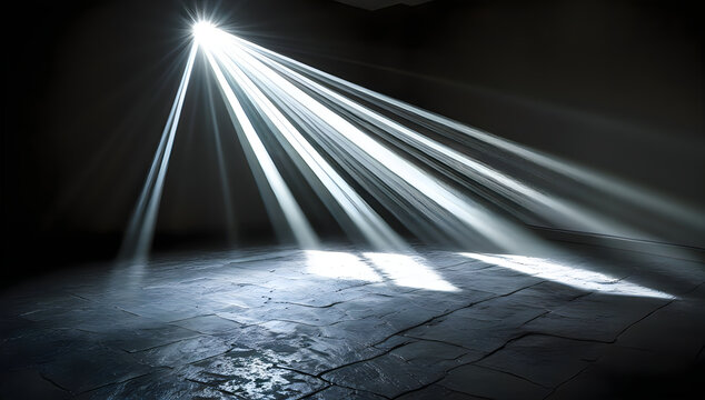 Bright white spotlight beams shining on a dark stage floor illustration