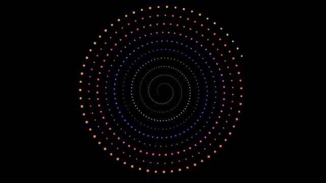 Colorful dotted spiral pattern made of small glowing circles arranged in a circular swirl design on a dark background 4K Motion Video