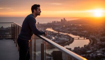 Fototapeta premium Thoughtful handsome man leaning on modern high rooftop balcony railing at sunset overlooking urban city skyline for ambitious future vision and mindset concept