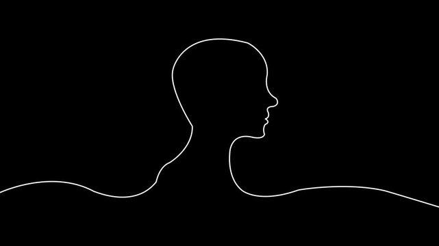 Minimalist human head silhouette line animation, abstract mental health and psychology concept, continuous line on black background