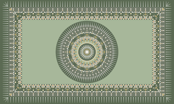 Elegant sage green mandala rug with intricate ornamental borders, botanical-inspired details, and earthy gold and ivory accents, creating a luxurious bohemian textile design.
แบบ