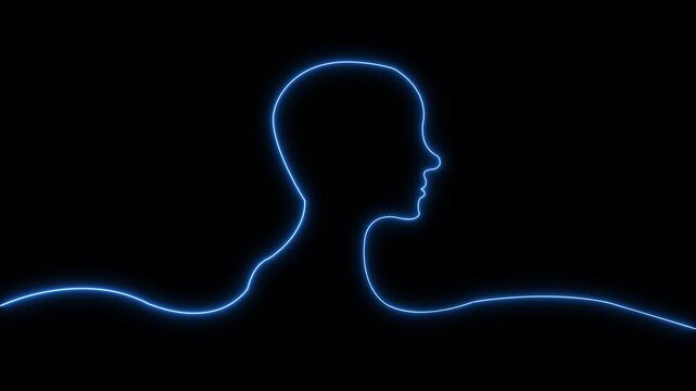 Neon human head silhouette with question mark animation for artificial intelligence and mental health concepts