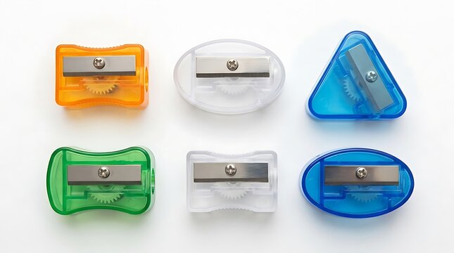 Colorful plastic pencil sharpeners arranged in rows on white background surface