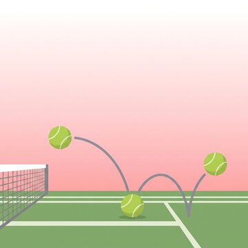 Colorful flat design tennis court with bouncing balls and net on pink background