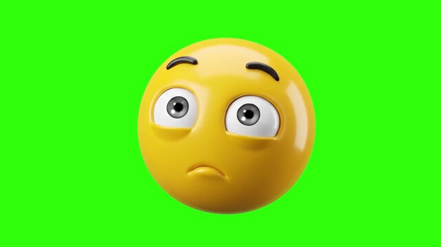 A detailed 3D render of a glossy yellow emoji face rolling its eyes upward with a slightly downturned mouth, expressing boredom, annoyance, or sarcasm, isolated on a bright chroma key green background