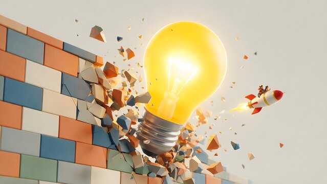 A 3D low-poly scene of a giant glowing lightbulb breaking through a geometric brick wall. Tiny figures riding a rocket forward.