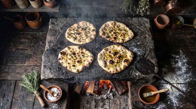 Traditional flatbreads baking on a hot stone hearth over open wood fire flames.