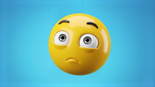 A detailed 3D render of a glossy yellow emoji face rolling its eyes upward with a slightly downturned mouth, expressing boredom, annoyance, or sarcasm, isolated against a solid blue backdrop. Ideal fo