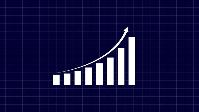 Dynamic financial growth bar chart animation with rising trend arrow overlay on a dark blue grid background, representing business success, market analysis, economic progress, and data visualization