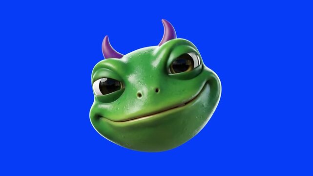 A playful 3D green frog character with small purple devil horns smirking mischievous against a vibrant blue backdrop. Excellent for fantasy overlays, Halloween promotions, and funny social media graph
