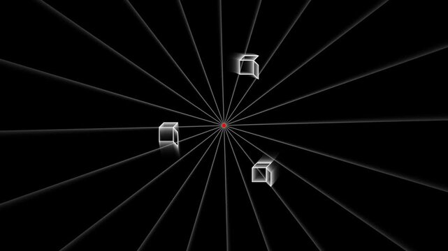 Abstract digital background with geometric cube shapes and radial light lines converging to a single glowing red center point in a dark space 4K Motion Video