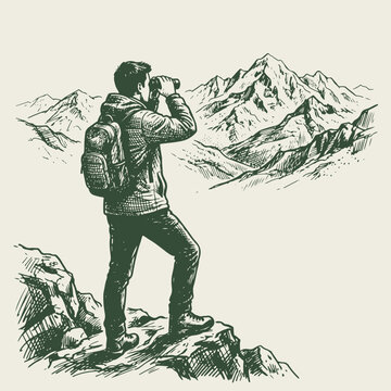 Engraved illustration of a hiker looking through binoculars at mountain landscape with binoculars mountains landscape explorer engraving illustration adventure backpack wilderness observation