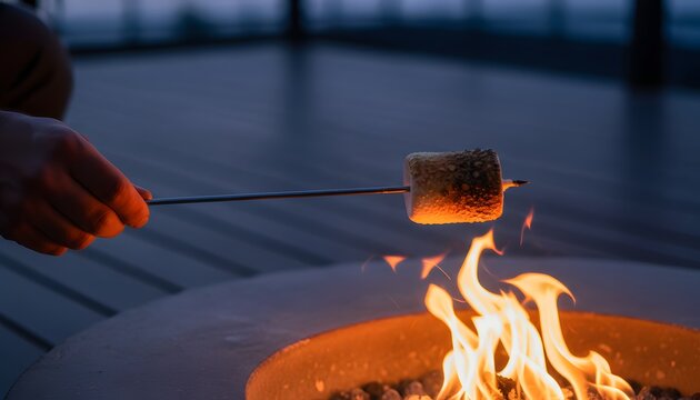 Close-up of a man roasting marshmallow on stick over fire pit flames on patio deck in evening for cozy outdoor lifestyle relaxation concept