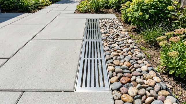Modern stone pathway with metal drainage grate and river rocks.
