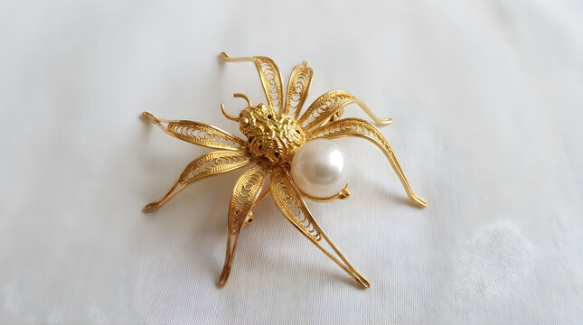 Golden spider sculpture made of metal with green accents illustration