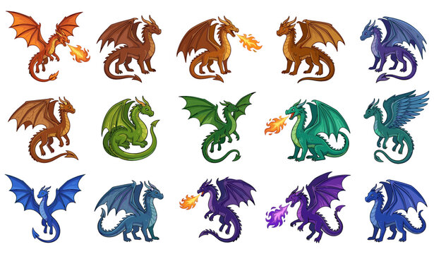 Fantasy Fire Breathing Dragon Vector Icon Bundle with Mythical Magic Monsters for Gaming Apps and Children Storybook Illustrations