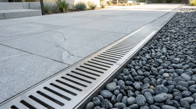 Modern concrete patio with integrated metal drainage system and decorative stone border.