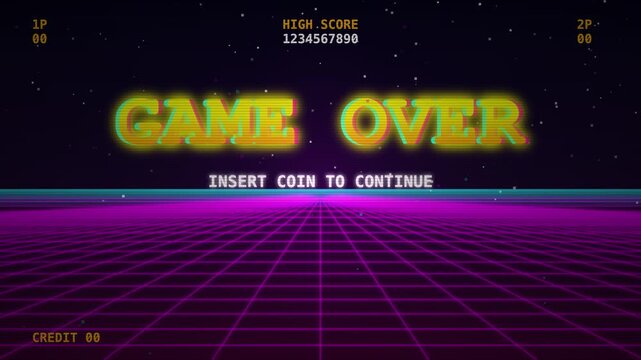Retro Game Over screen with neon synthwave grid, vintage 80s arcade video game interface, glowing pixel text on purple background