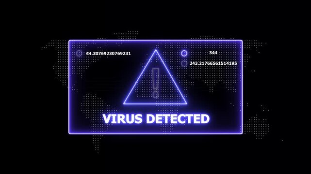 Digital cyber security alert display featuring a glowing neon virus detected warning sign with dynamic data streams and global network map background, for advanced technology, and internet safety
