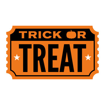 Orange ticket shaped vector illustration with halloween trick or treat text
