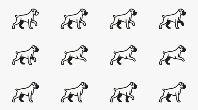 Vector animation sprite sheet featuring twelve frames of a dog walk cycle, illustrating movement of a Boxer breed. Minimalist black line art on white background for motion graphics.