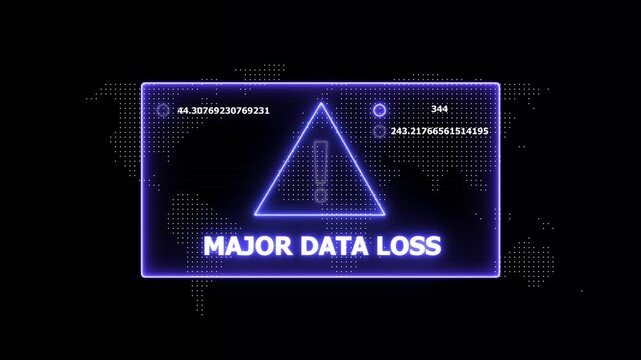 Cyber security alert featuring a glowing neon purple warning sign with major data loss text overlay and dynamic digital hud interface for advanced network threat detection and system failure analysis