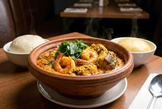 Steaming Cameroon Egusi soup with shrimp and fish served alongside traditional fufu in a restaurant setting