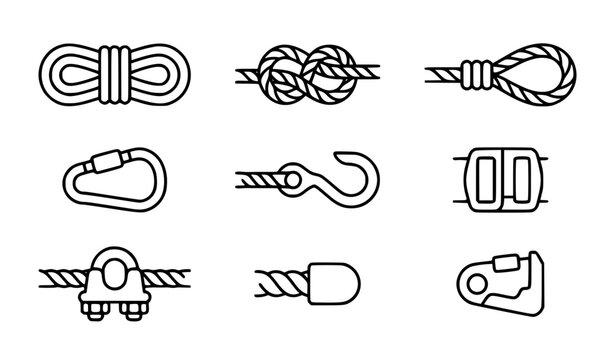 Rope and Climbing Hardware Icon Set Featuring Knots Loops Carabiners Hooks Buckles and Wire Clamps for Mountaineering Sailing Rigging and Outdoor Survival Gear Designs