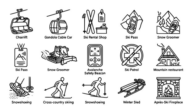 Ski Resort and Winter Activity Icon Set with Chairlift Gondola Ski Pass Patrol Snow Groomer Sled and Cross Country Skiing Vector Line Art