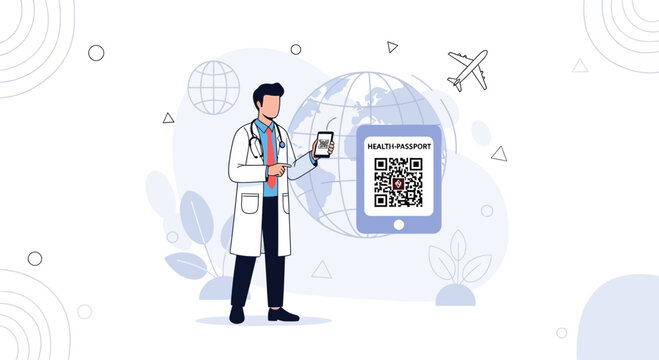 Doctor presents digital health passport on smartphone for global travel, medical verification, and QR code access.