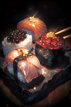close up of sushi with chopsticks on a black background