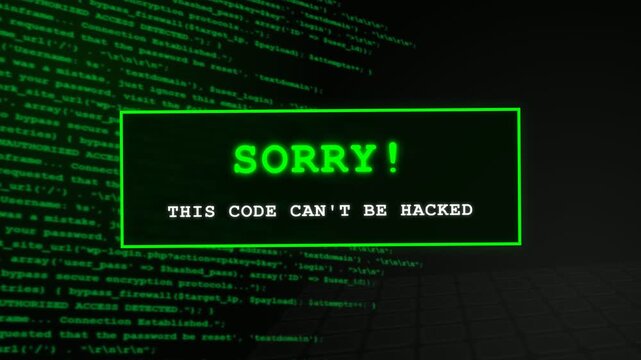 A green glowing notification displays a message stating that the presented encrypted binary software script remains completely protected from any unauthorized intrusion attempts by malicious