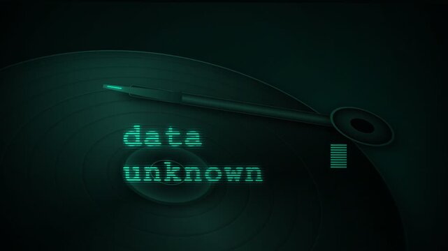 A vintage phonograph turntable plays a dark mysterious track while glowing text signals that the information remains encrypted and hidden from view during this strange high tech scanning process