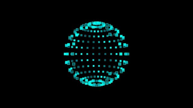 Abstract glowing blue digital sphere made of small square pixels forming a futuristic 3d globe shape against a dark black background 4K Motion Video