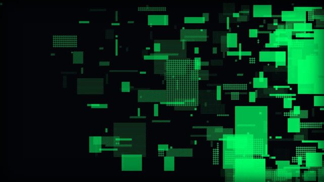 Neon green square geometric patterns float across the dark space creating a dynamic sense of motion and digital energy that represents high speed data transfer within complex communication