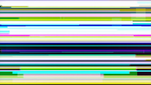 A chaotic digital malfunction produces colorful horizontal beams of corrupted electronic data streams that effectively display a vibrant visual pattern representing broken video signal