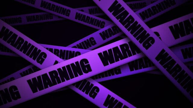 Multiple strips of purple tape featuring bold black text represent a sense of urgent caution while they crisscross over each other to form a complex visual pattern that communicates serious