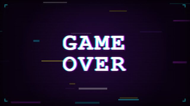 A vibrant digital display shows the phrase Game Over featuring heavy chromatic aberration effects and flickering horizontal scanlines that evoke a nostalgic feeling of classic retro arcade