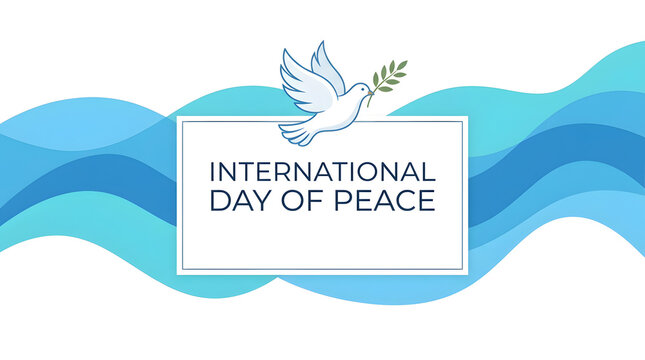 International day of peace banner design featuring white dove and blue waves background international