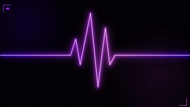 A vibrant violet pulse wave glows intensely across the darkened display screen representing a rhythmic heartbeat rhythm that indicates medical urgency or electronic audio frequency output