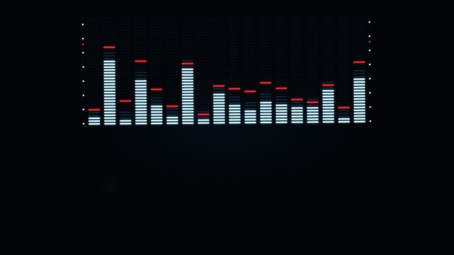 A luminous digital sound equalizer displays rhythmic audio frequency fluctuations across various sonic spectrum channels while processing professional music production software parameters