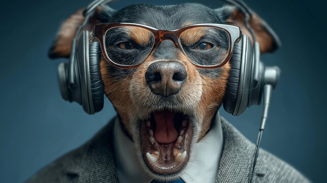 Canine in business attire with glasses and headphones, shouting or barking