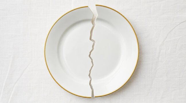 A broken white ceramic plate with a gold rim on a textured white background.