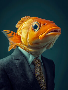 Fictional creature with goldfish head dressed in formal business attire