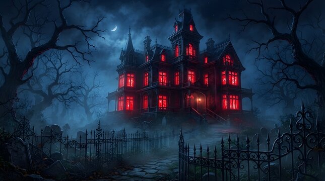 Haunted gothic mansion with glowing red windows in a dark graveyard at night
