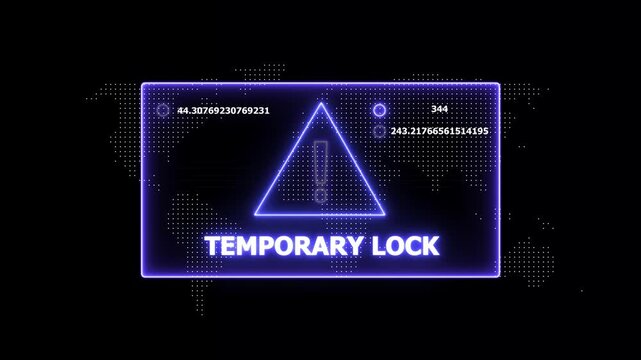 Cybersecurity alert interface featuring a glowing neon purple temporary lock warning with dynamic digital data streams and global network map background, for advanced tech, and software security