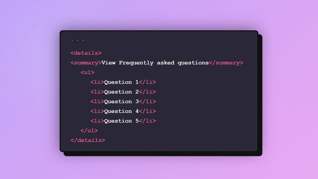 A web developer displays an interactive accordion menu structure using HTML elements to organize frequently asked questions for users visiting a portal seeking helpful information regarding